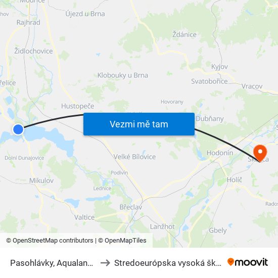 Pasohlávky, Aqualand Moravia to Stredoeurópska vysoká škola v Skalici map