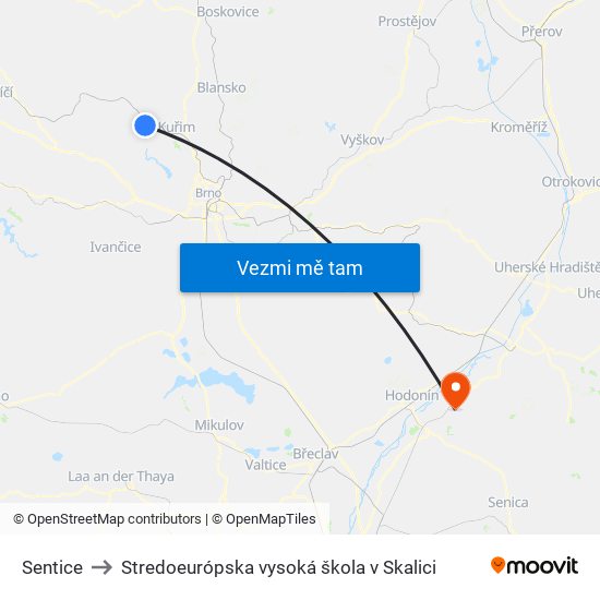 Sentice to Stredoeurópska vysoká škola v Skalici map