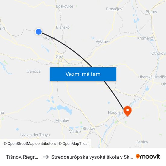 Tišnov, Riegrova to Stredoeurópska vysoká škola v Skalici map