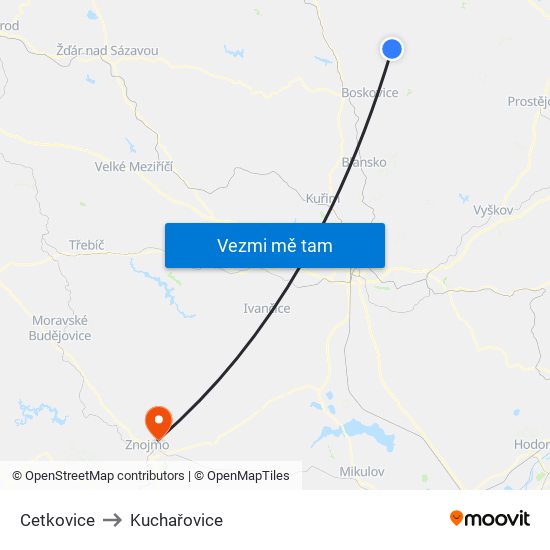 Cetkovice to Kuchařovice map