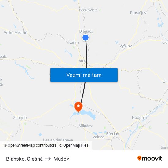 Blansko, Olešná to Mušov map