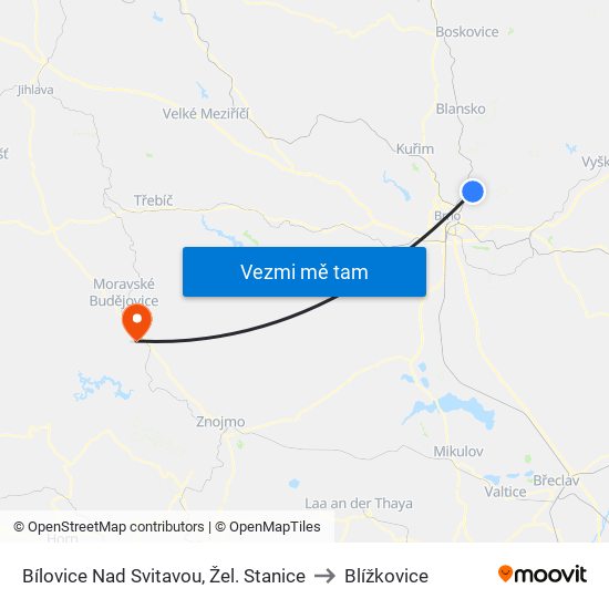 Bílovice Nad Svitavou, Žel. Stanice to Blížkovice map