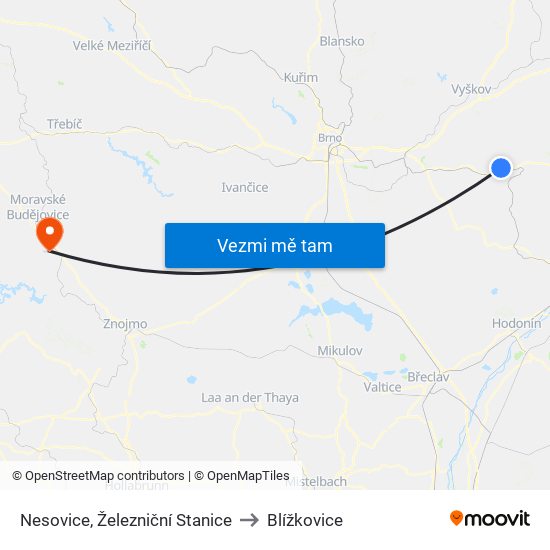 Nesovice, Železniční Stanice to Blížkovice map