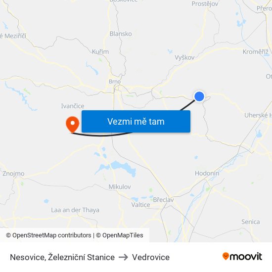 Nesovice, Železniční Stanice to Vedrovice map