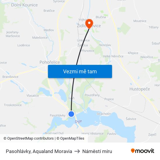 Pasohlávky, Aqualand Moravia to Náměstí míru map