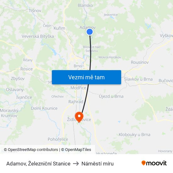 Adamov, Železniční Stanice to Náměstí míru map