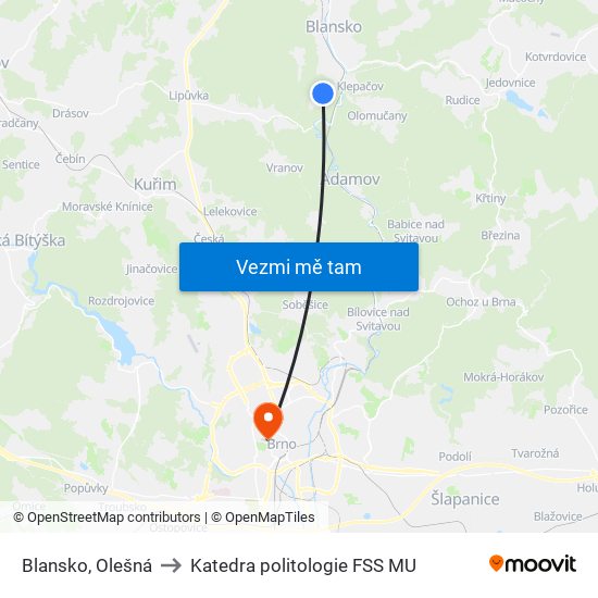 Blansko, Olešná to Katedra politologie FSS MU map