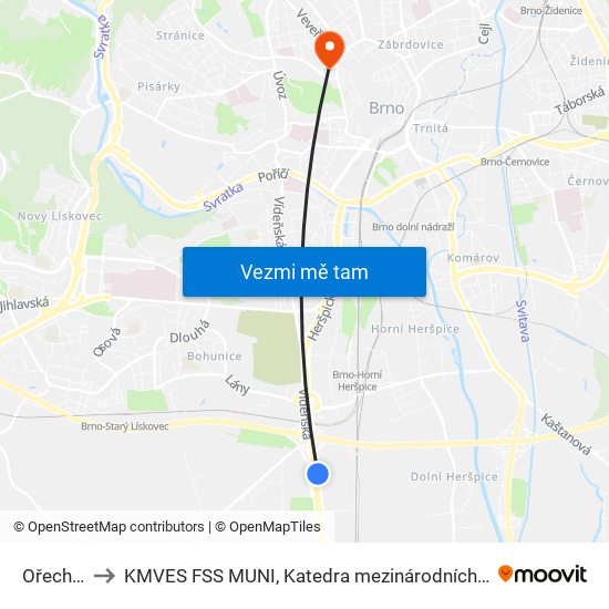 Ořechovská to KMVES FSS MUNI, Katedra mezinárodních vztahů a evropských studií map