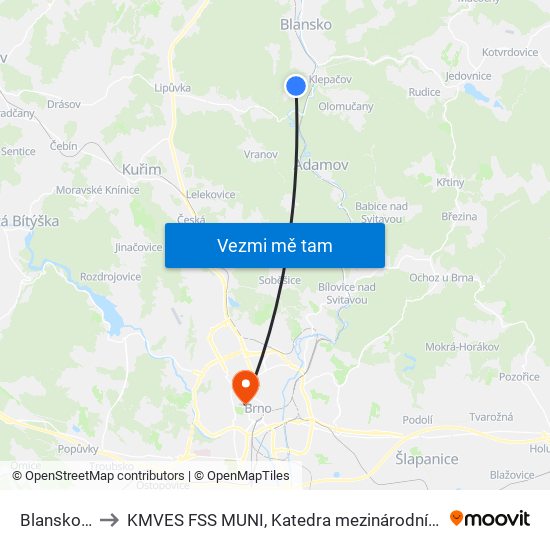 Blansko, Olešná to KMVES FSS MUNI, Katedra mezinárodních vztahů a evropských studií map