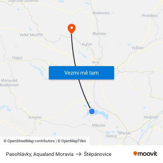 Pasohlávky, Aqualand Moravia to Štěpánovice map