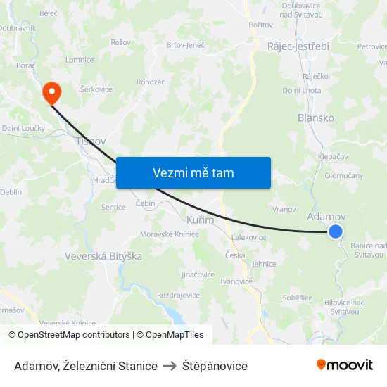 Adamov, Železniční Stanice to Štěpánovice map