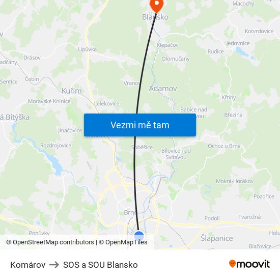 Komárov to SOS a SOU Blansko map