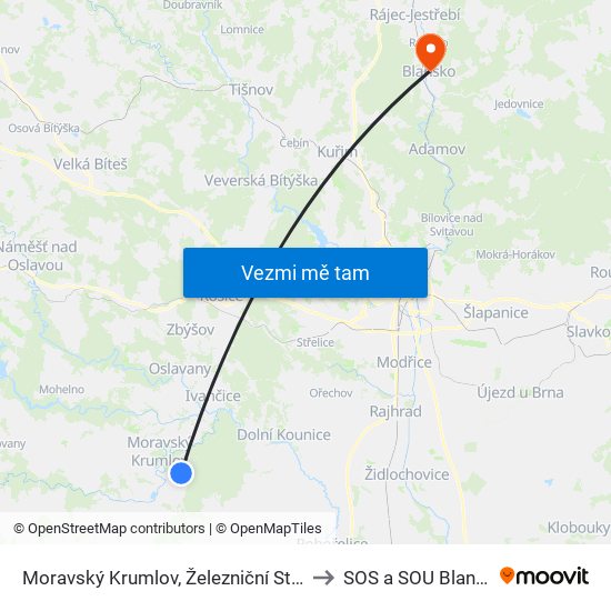 Moravský Krumlov, Železniční Stanice to SOS a SOU Blansko map