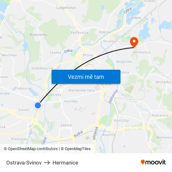 Ostrava-Svinov to Hermanice map