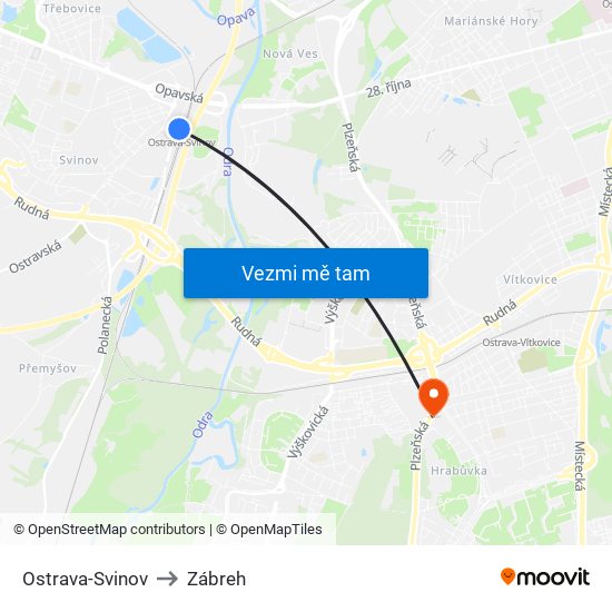 Ostrava-Svinov to Zábreh map