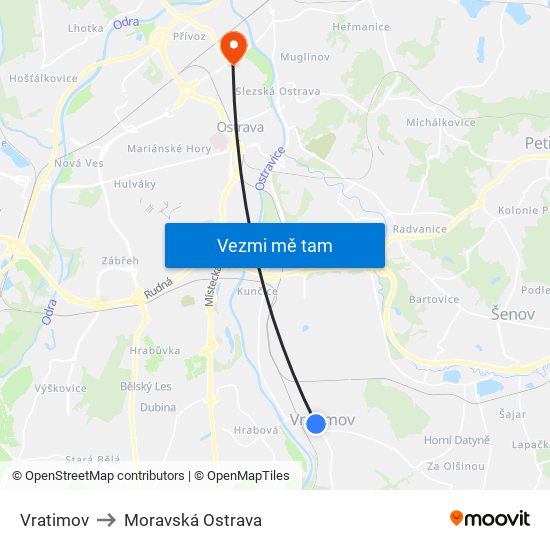 Vratimov to Moravská Ostrava map