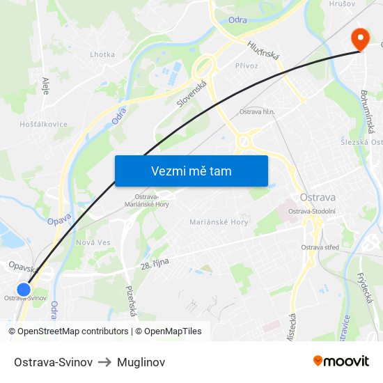 Ostrava-Svinov to Muglinov map