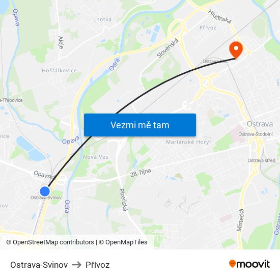 Ostrava-Svinov to Přívoz map