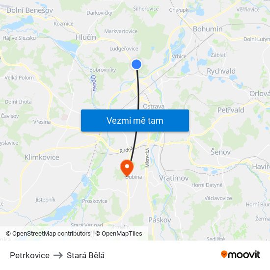 Petrkovice to Stará Bělá map