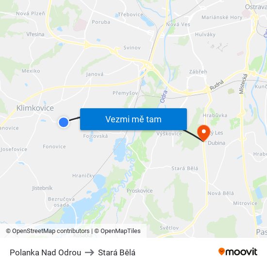 Polanka Nad Odrou to Stará Bělá map