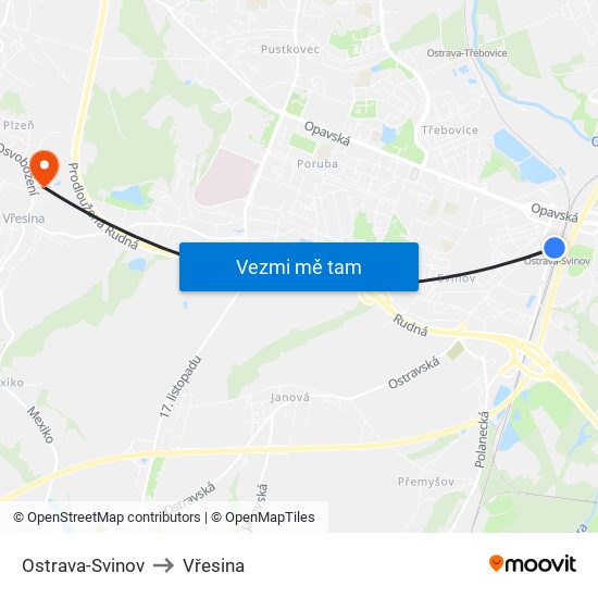 Ostrava-Svinov to Vřesina map