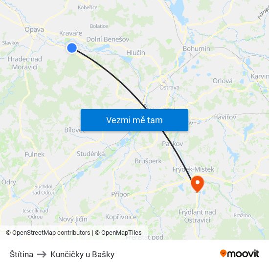 Štítina to Kunčičky u Bašky map