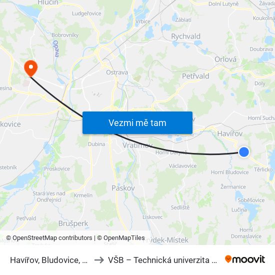 Havířov, Bludovice, Pošta to VŠB – Technická univerzita Ostrava map