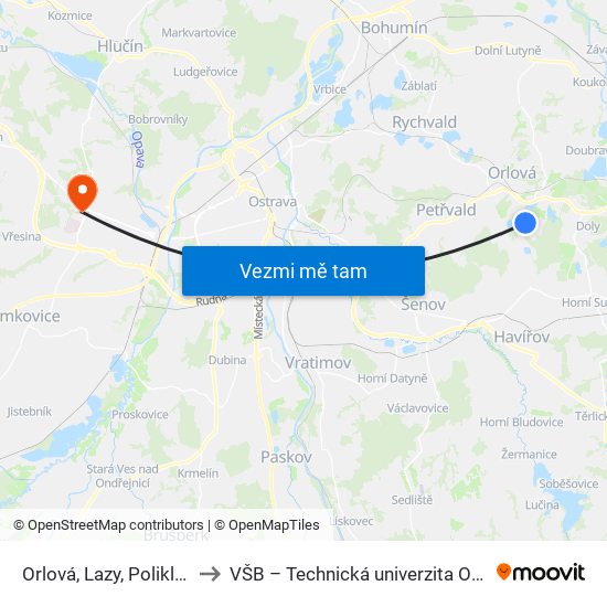 Orlová, Lazy, Poliklinika to VŠB – Technická univerzita Ostrava map