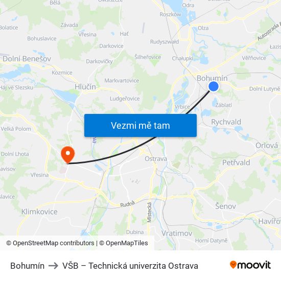 Bohumín to VŠB – Technická univerzita Ostrava map