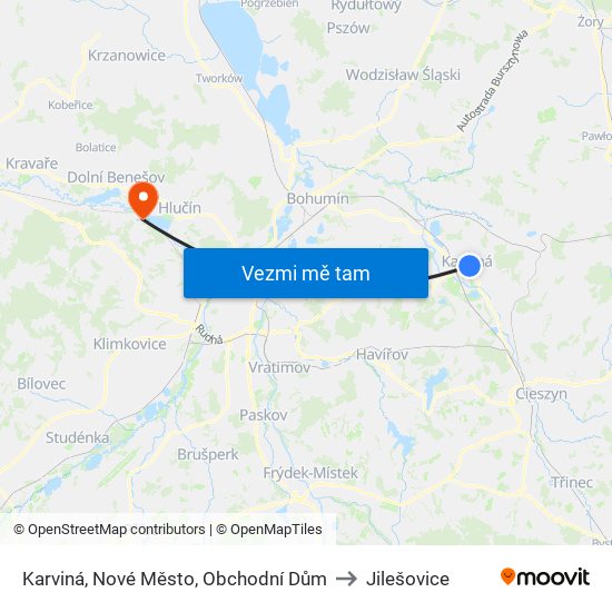 Karviná, Nové Město, Obchodní Dům to Jilešovice map