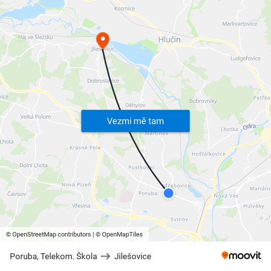 Poruba, Telekom. Škola to Jilešovice map