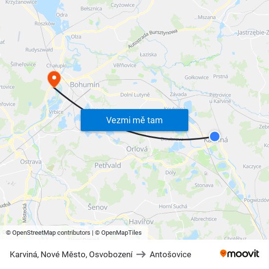 Karviná, Nové Město, Osvobození to Antošovice map