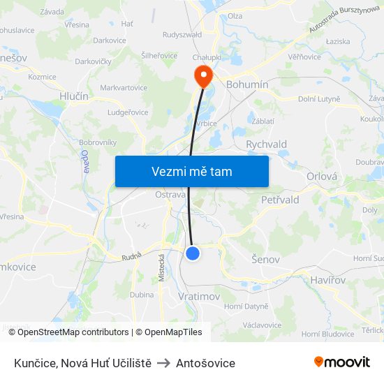 Kunčice, Nová Huť Učiliště to Antošovice map