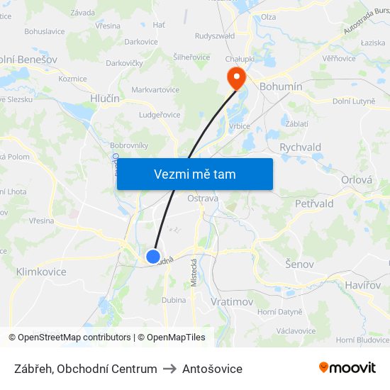 Zábřeh, Obchodní Centrum to Antošovice map