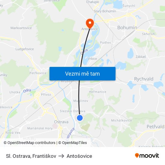 Sl. Ostrava, Františkov to Antošovice map