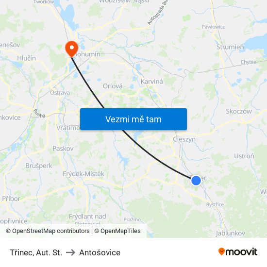 Třinec, Aut. St. to Antošovice map