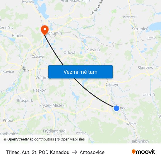 Třinec, Aut. St. POD Kanadou to Antošovice map