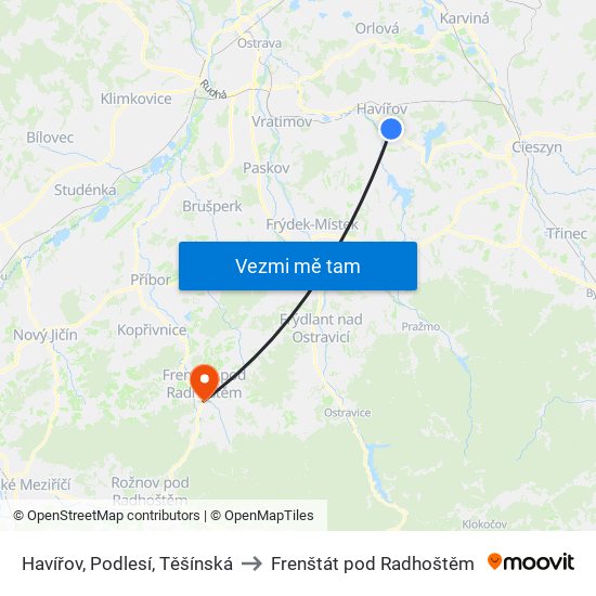 Havířov, Podlesí, Těšínská to Frenštát pod Radhoštěm map