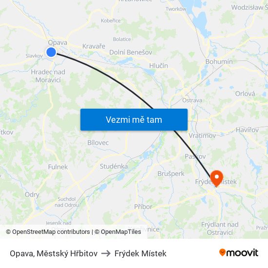 Opava, Městský Hřbitov to Frýdek Místek map