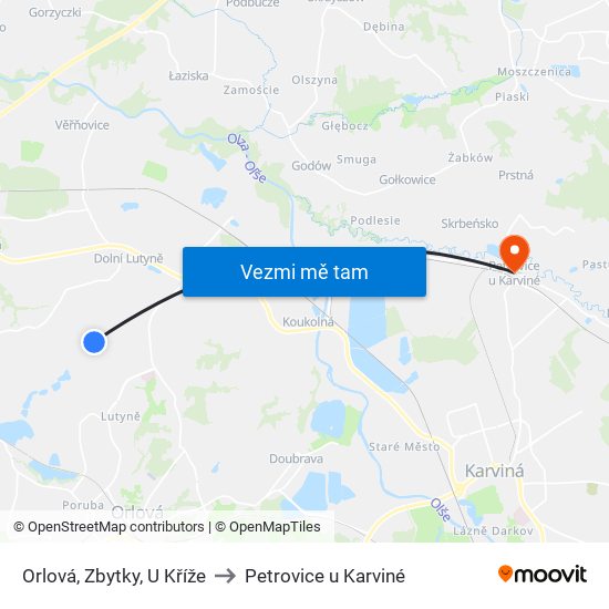 Orlová, Zbytky, U Kříže to Petrovice u Karviné map