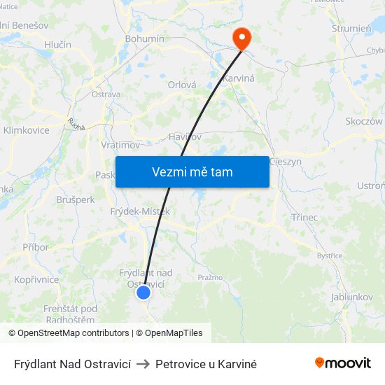 Frýdlant Nad Ostravicí to Petrovice u Karviné map