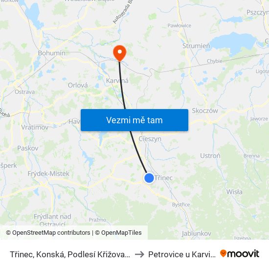 Třinec, Konská, Podlesí Křižovatka to Petrovice u Karviné map