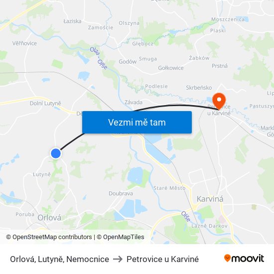 Orlová, Lutyně, Nemocnice to Petrovice u Karviné map