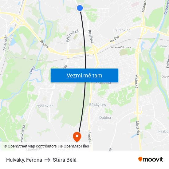 Hulváky, Ferona to Stará Bělá map