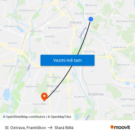 Sl. Ostrava, Františkov to Stará Bělá map