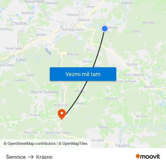 Šemnice to Krásno map