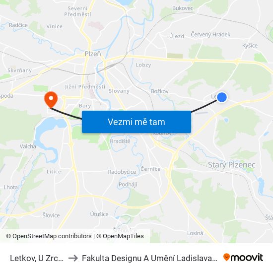 Letkov, U Zrcadla to Fakulta Designu A Umění Ladislava Sutnara map