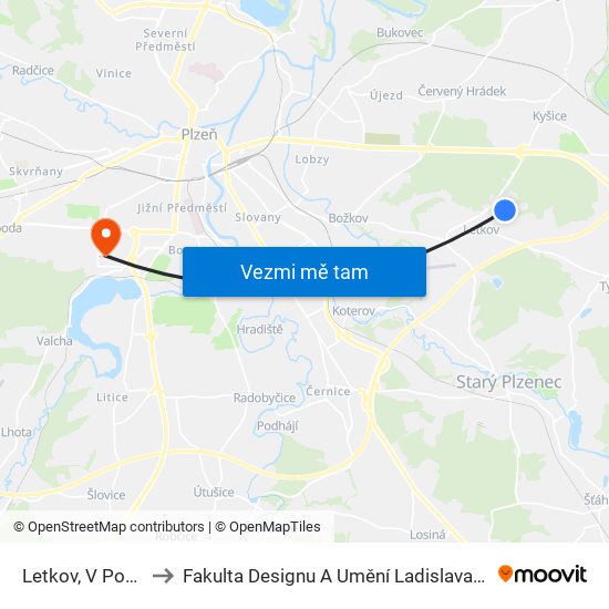 Letkov, V Podlesí to Fakulta Designu A Umění Ladislava Sutnara map