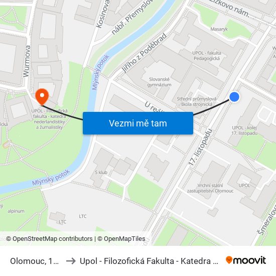 Olomouc, 17. Listopadu to Upol - Filozofická Fakulta - Katedra Nederlandistiky A Žurnalistiky map