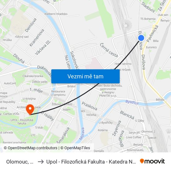Olomouc, Pavlovičky to Upol - Filozofická Fakulta - Katedra Nederlandistiky A Žurnalistiky map